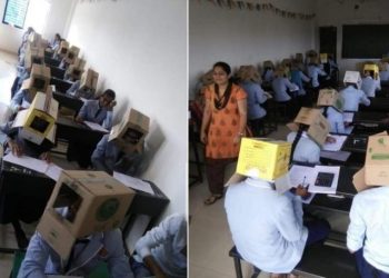 Fotos de alunos fazendo prova com caixa de papelão na cabeça para não “colar” geram polêmica