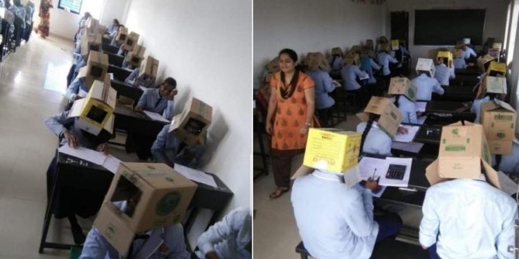Fotos de alunos fazendo prova com caixa de papelão na cabeça para não “colar” geram polêmica