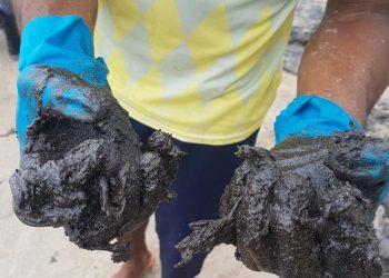 Voluntários tiram placas de óleo das praias do Nordeste (Foto: Clemente Coelho/Instituto Bioma Brasil)