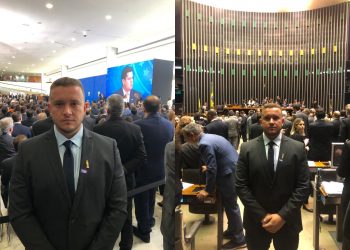 Arthur prestigia posse do ministro Rogério Marinho (à esq.) e marca presença na sessão da Câmara dos Deputados (à esq.) (Foto: Acervo pessoal)