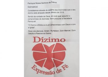 Paróquia manda carta aos fiéis avisando dízimo está atrasado, em Nova Fátima (Foto: Arquivo pessoal)