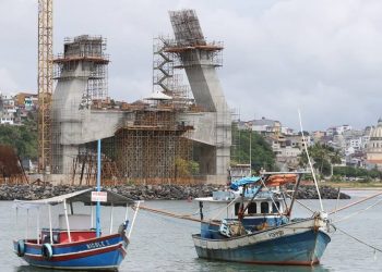Obras de construção da Ponte Ilhéus-Pontal, na Bahia (Foto: Mateus Pereira/Divulgação)