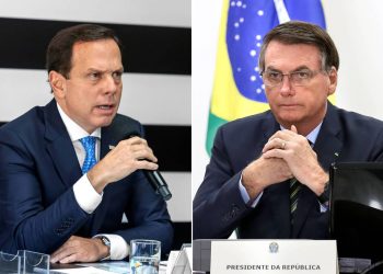 Doria e Bolsonaro, cada um num canto do ringue virtual da videoconferência de quarta passada (Foto: Governo de São Paulo e Marcos Corrêa/PR)