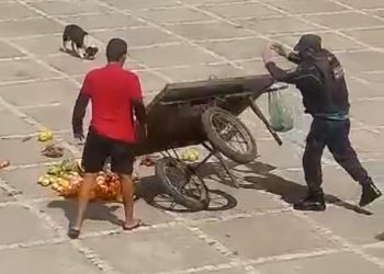 Policial vira carrinho de frutas de vendedor ambulante em Fortaleza (Foto: Reprodução)