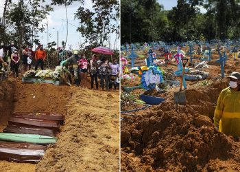 Cemitérios de Manaus em diferentes momentos de alta nas mortes por Covid-19 (Foto: Edmar Barros/AFP; Bruno Kelly/Reuters)