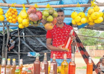 Maxwell organiza a banca na beira da estrada aguardando compradores para o pequi e outros produtos (Foto: Antonio Rodrigues)