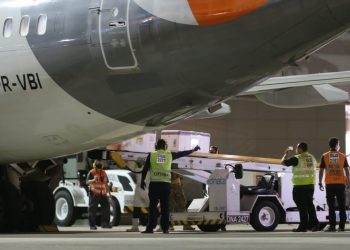 O voo que trouxe o novo lote ao Ceará pousou às 22h10 deste sábado (22) no Aeroporto de Fortaleza (Foto: Fabiane de Paula)