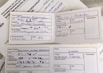 Idosa recebe duas vezes a primeira doses de CoronaVac e tem data para receber a terceira aplicação (Foto: Arquivo pessoal)