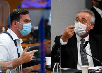 Senadores Flávio Bolsonaro e Renan Calheiros discutem na CPI da Pandemia (Foto: Marcos Oliveira e Leopoldo Silva/Agência Senado)