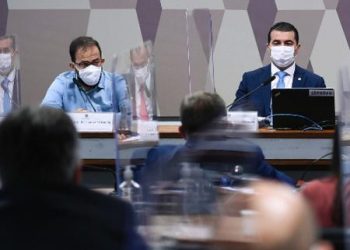 Chefe de importação do Ministério da Saúde, Luis Ricardo Miranda, e o deputado Luis Miranda (DEM-DF), durante depoimento à CPI da Covid (Foto: Edilson Rodrigues/Agência Senado)