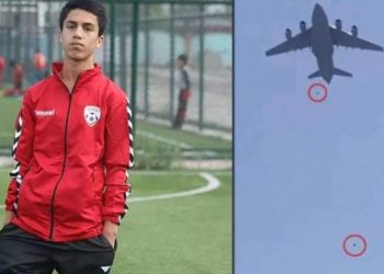 Vídeo mostra momento da queda de Zaki Anwari, de 19 anos, no aeroporto de Cabul, no Afeganistão (Foto: Reprodução)