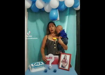 Vanda Ferreira Costa, moradora de Palestina de Goiás (GO), fez um vídeo de chá revelação de DNA para provar paternidade do filho (Foto: Reprodução/TikTok)