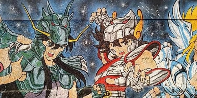 Muro tem 150 metros de cumprimento, com vários personagens de Cavaleiros do Zodíaco, em Juazeiro do Norte (Foto: Arquivo pessoal)