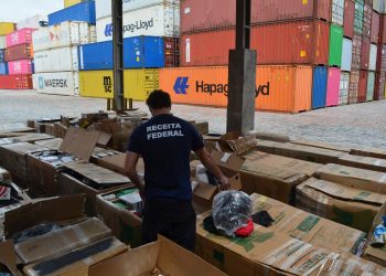 Conferência de carga no Porto de Santos, SP, durante a Operação Outlet (Foto: Divulgação/Receita Federal)