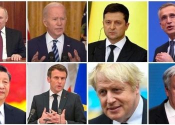 Da esq. para dir. (em cima): Putin, Biden, Zelensky, Stoltenberg (Otan); embaixo: Xi Jinping; Macron, Boris Johnson e António Guterres (ONU)