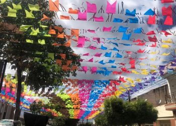 Rua enfeitada com bandeirinhas para a festa do Pau da Bandeira, em Barbalha (Foto: Patrícia Silva)
