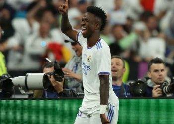Vini Junior, do Real Madrid, comemora seu gol na final da Liga dos Campeões (Foto: Alexander Hassenstein - UEFA/UEFA via Getty Images)