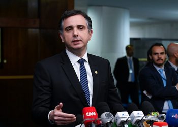 O presidente do Senado, Rodrigo Pacheco, durante entrevista coletiva nesta quarta-feira (Foto: Jefferson Rudy/Agência Senado)