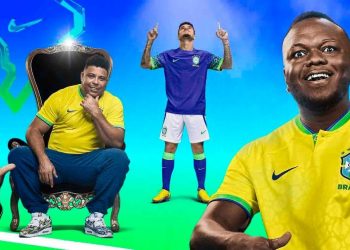 Ronaldo, Coutinho e Djonga com os novos uniformes da seleção brasileira (Foto: Divulgação/Nike)