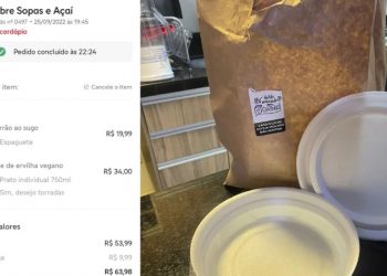 Cliente recebe isopor com água ao invés de macarrão ao sugo e creme de ervilha (Foto: Arquivo pessoal)