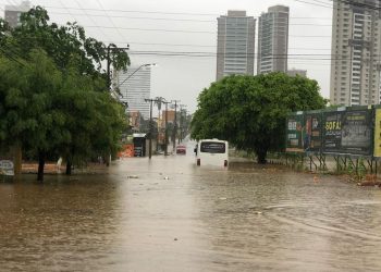 Alguns veículos chegaram a ficar ilhados ao tentar atravessar uma das vias que ficaram inundadas no município da Região do Cariri (Foto: Patrícia Silva)