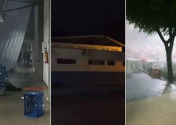 Portão derrubado em Quixeramobim; cobertura de posto de saúde arrancada em Pedra Branca e mesas e cadeiras arrastadas por ventania em Boa Viagem (Foto: Reprodução)