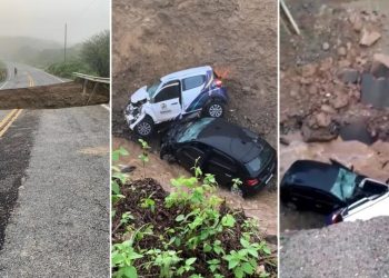 Chuva forte destrói estrada em Mauriti e carros caem em cratera (Foto: Reprodução)
