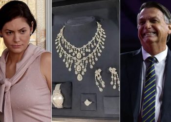 Michelle Bolsonaro, as joias apreendidas e Jair Bolsonaro  (Foto: Reprodução/AFP)
