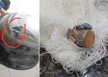 Bala fica alojada em capacete e salva vida de motoboy em Iguatu, no Ceará (Foto: Alex Santana/Arquivo pessoal)