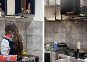 Além de sujar o cômodo, o acidente acabou danificando o fogão da residência (Foto: Reprodução/TikTok isa.paiva.15)