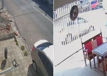 Pneu desgovernado por pouco não atinge funcionária de cafeteria no Crato (Foto: Reprodução)