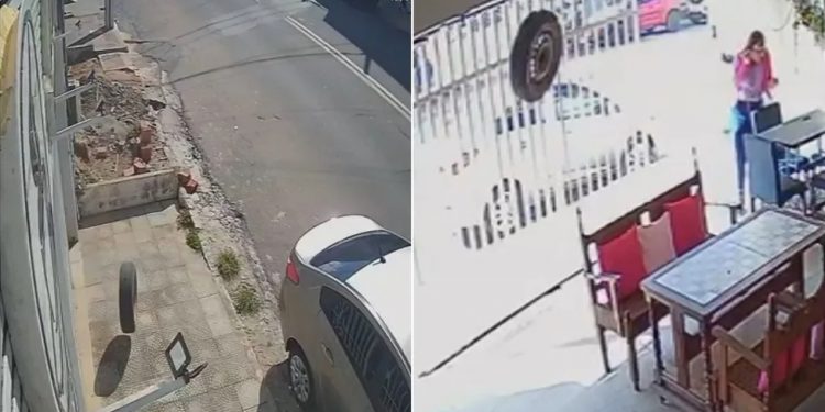 Crato: Pneu se solta de carro, entra em cafeteria e por pouco não atinge funcionária