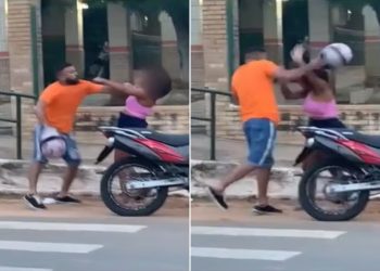 Homem agride mulher com soco e golpe de capacete (Foto: Reprodução)