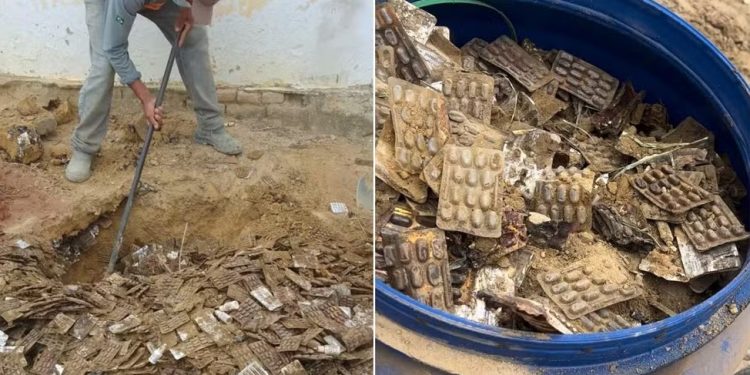 Durante obra em hospital, escavadores encontram centenas de remédios enterrados em Salitre