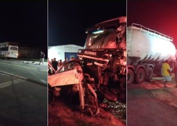Acidente com dois carros, um ônibus e uma carreta deixou três feridos e dois mortos em Limoeiro do Norte (Foto: Reprodução)