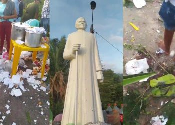 Vídeo gravado após correria mostra rastros da confusão após a detonação dos artefatos; estátua de Padre Cícero ficou intacta (Foto: Reprodução)
