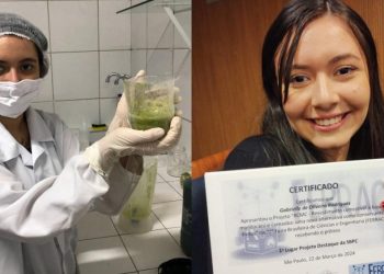 Na primeira foto, Gabrielle na produção do RCMC. Na segunda, a aluna com o certificado de uma das sete premiações que o projeto recebeu (Foto: Arquivo pessoal)