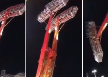 Grade de proteção abriu com brinquedo de cabeça para baixo em parque de diversões em Juazeiro do Norte (Foto: Reprodução)