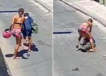Mulher derruba idosa com rasteira para tentar roubar bolsa na cidade de Iguatu (Foto: Reprodução)