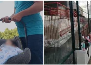 Segundo relato da família, o bebê e seu pai ficaram do lado de fora do prédio por mais de três horas, enquanto a mãe realizava a prova (Foto: Reprodução)