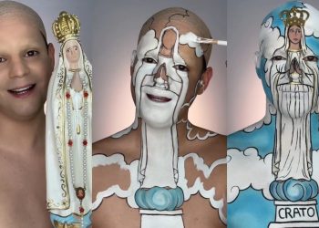Artista cratense homenageia Nossa Senhora de Fátima com pintura corporal no dia da inauguração do novo monumento