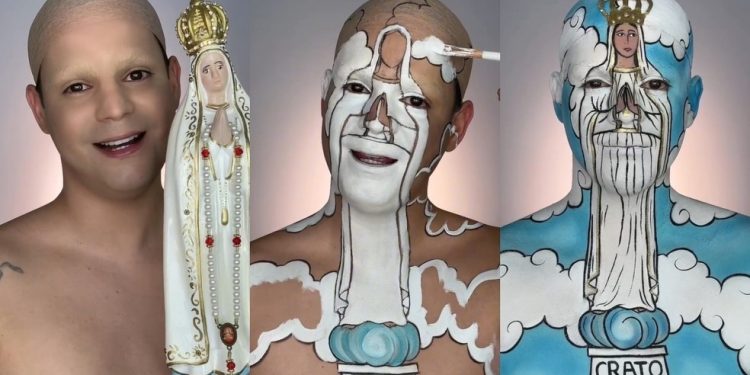 Artista cratense homenageia Nossa Senhora de Fátima com pintura corporal no dia da inauguração do novo monumento